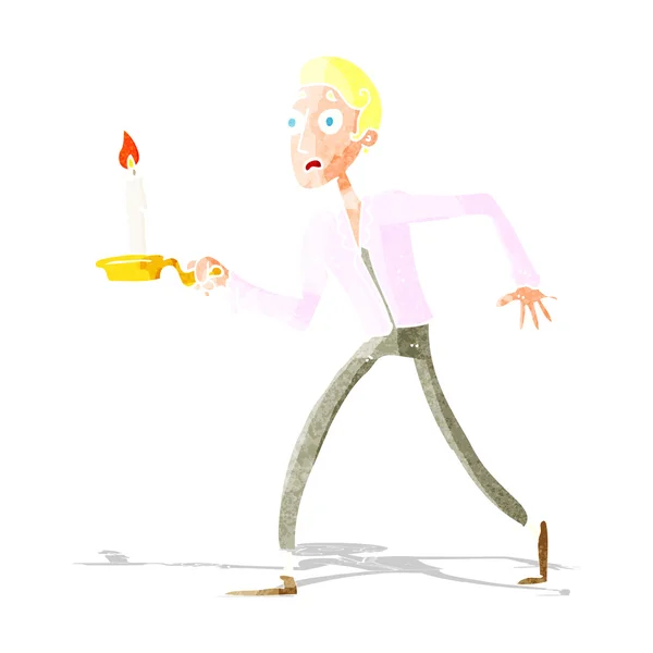 Kreskówka przestraszony człowiek chodzenie z świecznik — Wektor stockowy