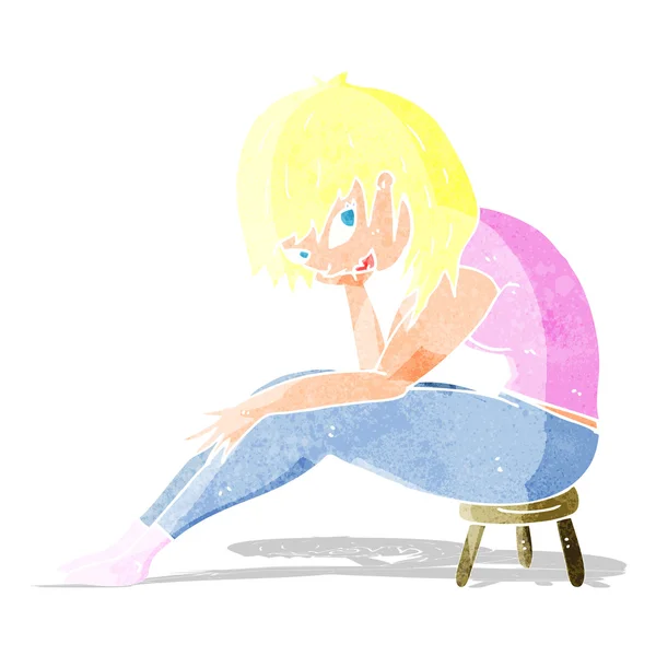 Dessin animé femme assise sur petit tabouret — Image vectorielle