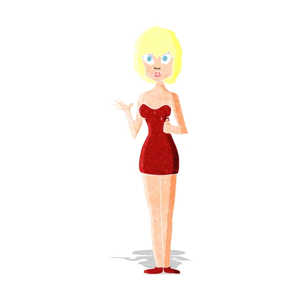 Γελοιογραφία συγκεχυμένης γυναίκας σε κοκτέιλ φόρεμα — Διανυσματικό Αρχείο