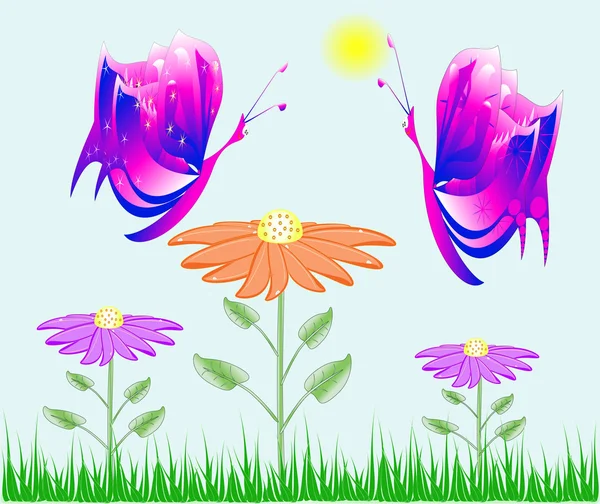 Borboletas de desenhos animados bonitos nas flores — Fotografia de Stock