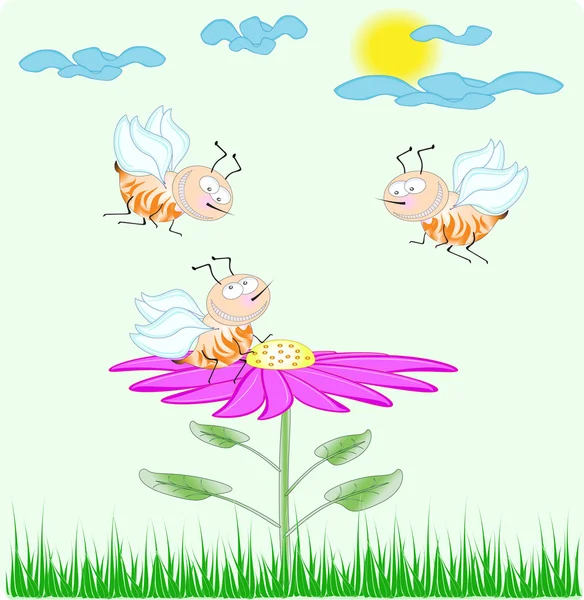 Cartoon bees on the flower — Stock Photo, Image