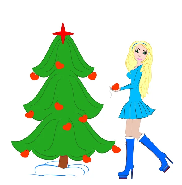 Krásná dívka zdobit vánoční stromeček — Stock fotografie