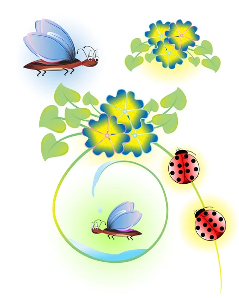 Ilustração engraçada de besouros, joaninhas e flores brilhantes — Fotografia de Stock