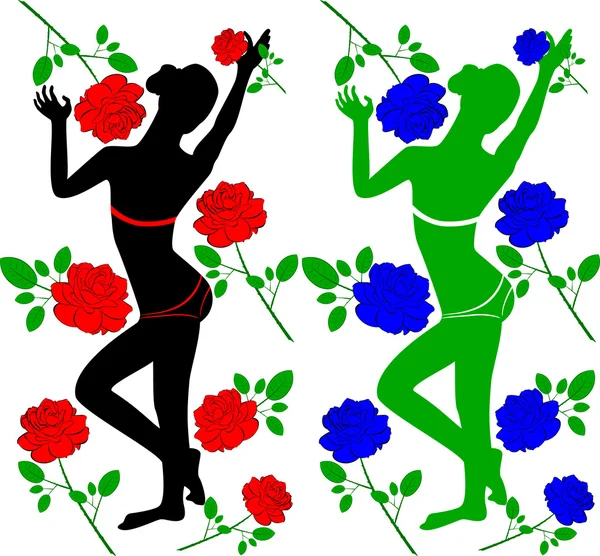Black silhouettes of a girl in a bathing suit, and with roses — Stock Photo, Image