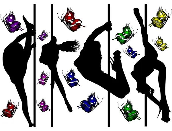 Set of black silhouettes of dancing girls strip and bright butterflies — Stock Photo, Image