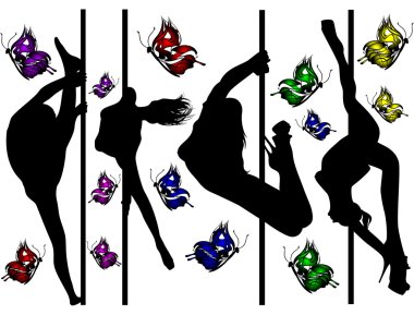 Kızlar striptiz ve parlak kelebekler dans siyah siluetler kümesi