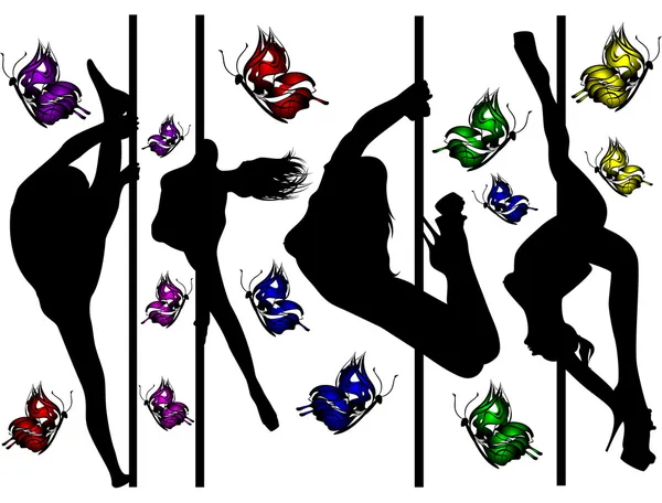 Set of black silhouettes of dancing girls strip and bright butterflies — Stock Vector