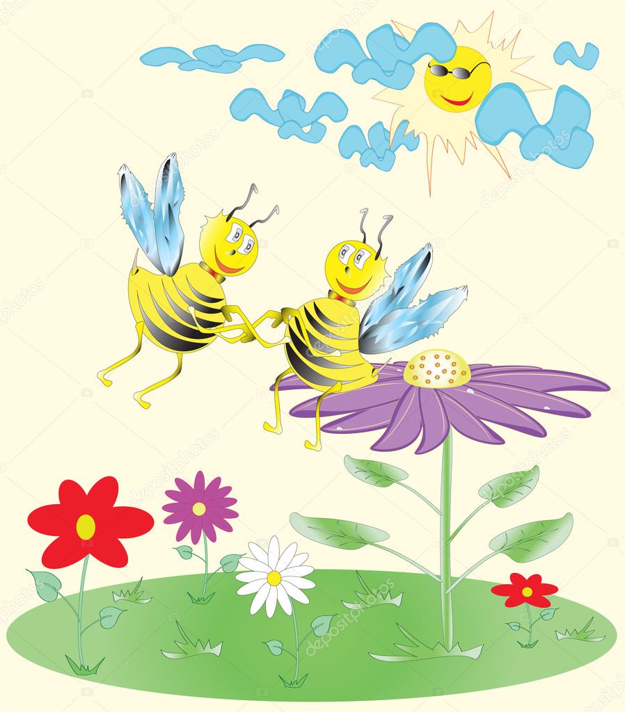 Two bees are by a sun day on summer or spring landscape. one bee sits on a flower, other flew up to it, kind and happy bees which smile. round them there is a meadow and flowers.