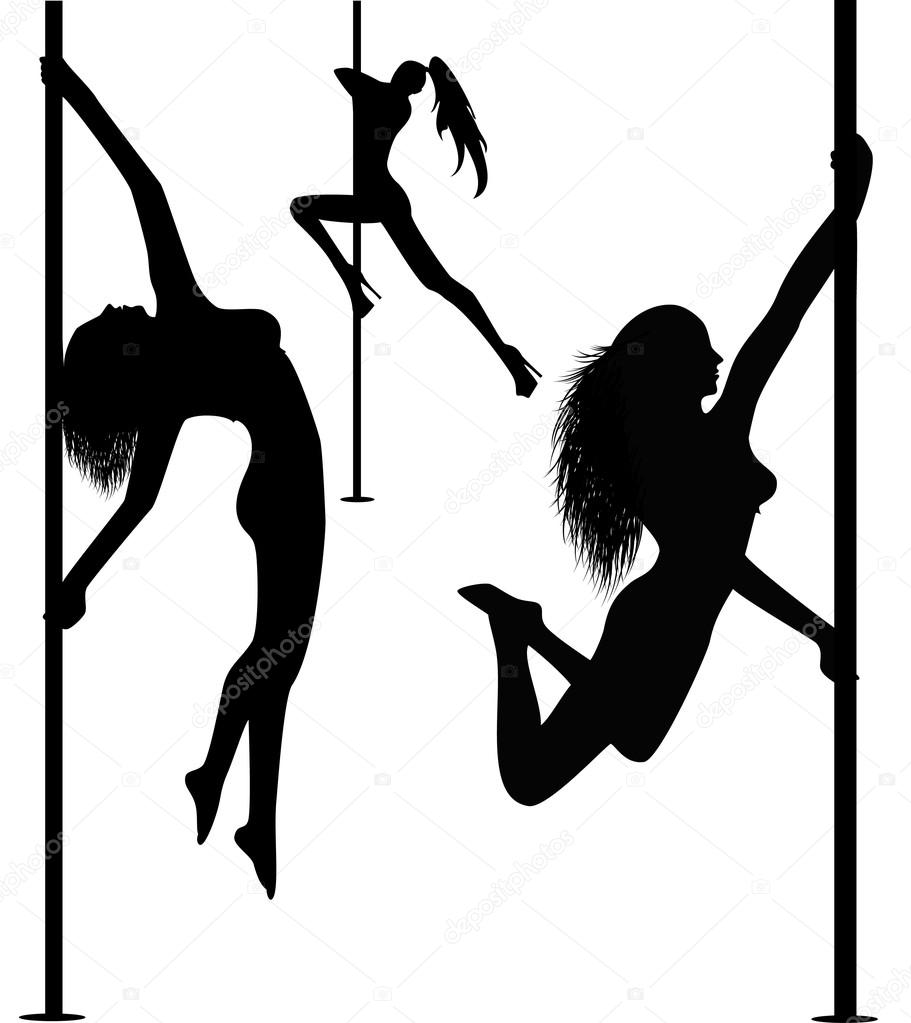 Set of black silhouettes of dancing girls striptease