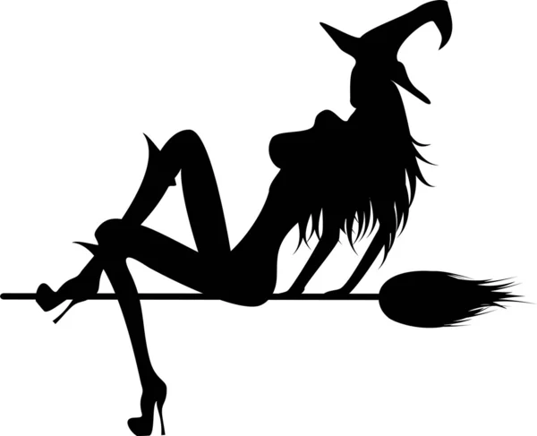 Black silhouette of a witch on a broom - Stock Image. 