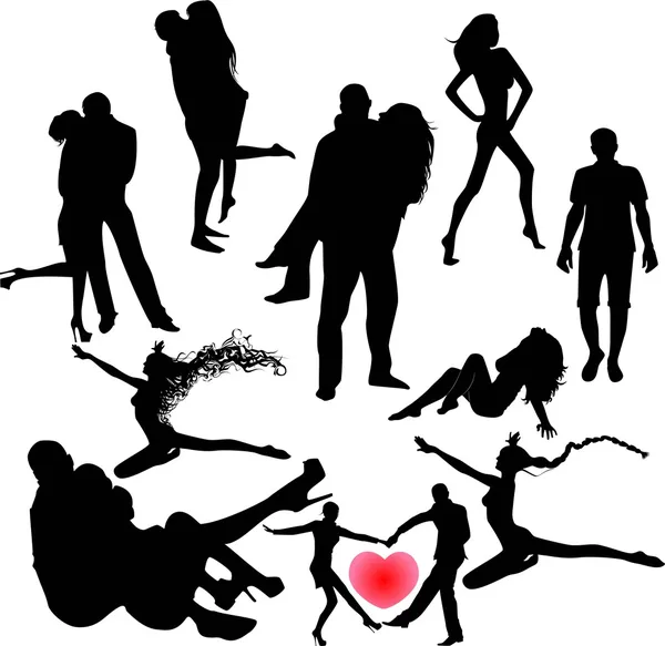 Ensemble de silhouettes noires de couples, de filles et de gars — Image vectorielle