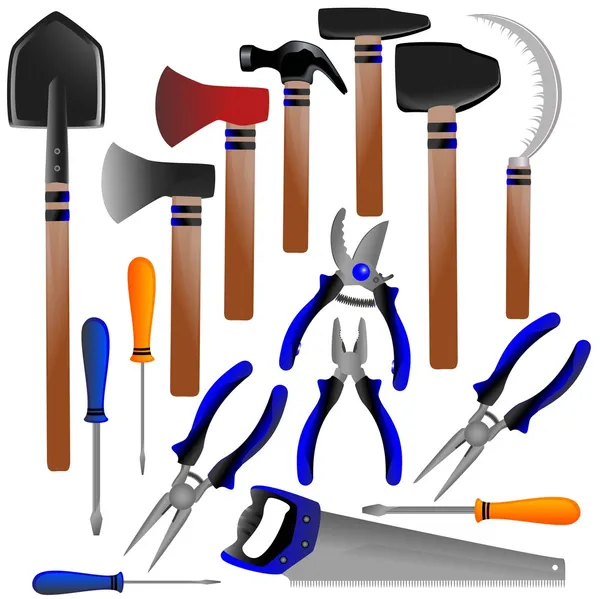 Construction tools, shovel, shears, pliers, hammer, scissors, screwdriver, ax, sickle — Stock Vector