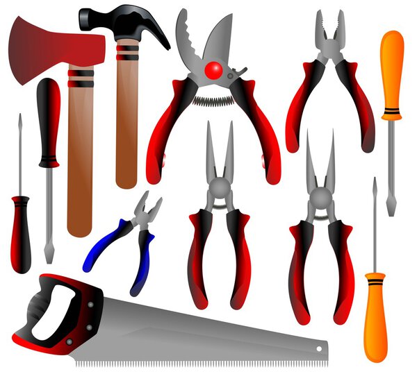 construction tools, shovel, shears, pliers, hammer, scissors, screwdriver, ax,