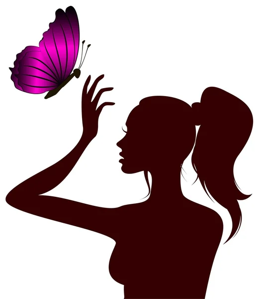Silueta krásná mladá dívka s motýl — Stock fotografie