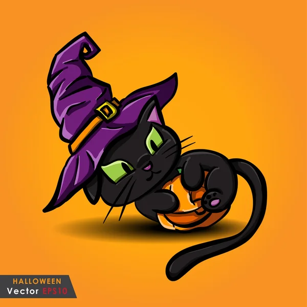 Halloween black cat wearing witches hat and pumpkin — Stock Vector