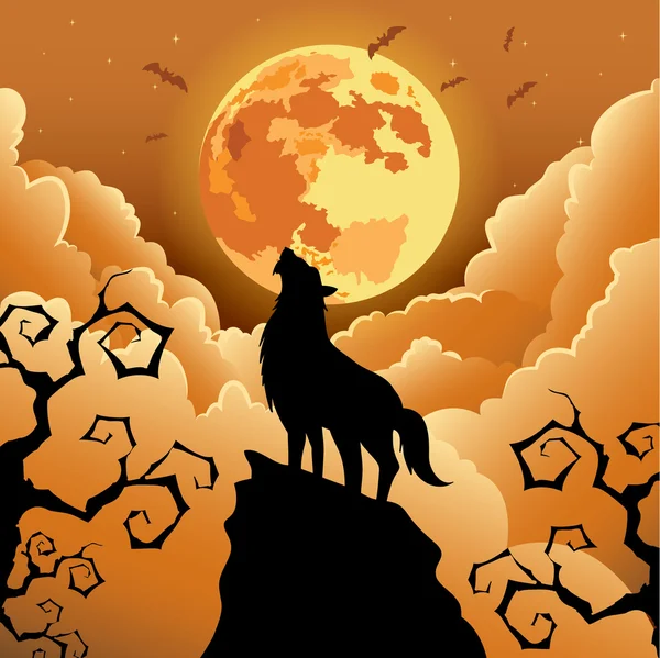 Силует вовком виє на місяць — стоковий вектор