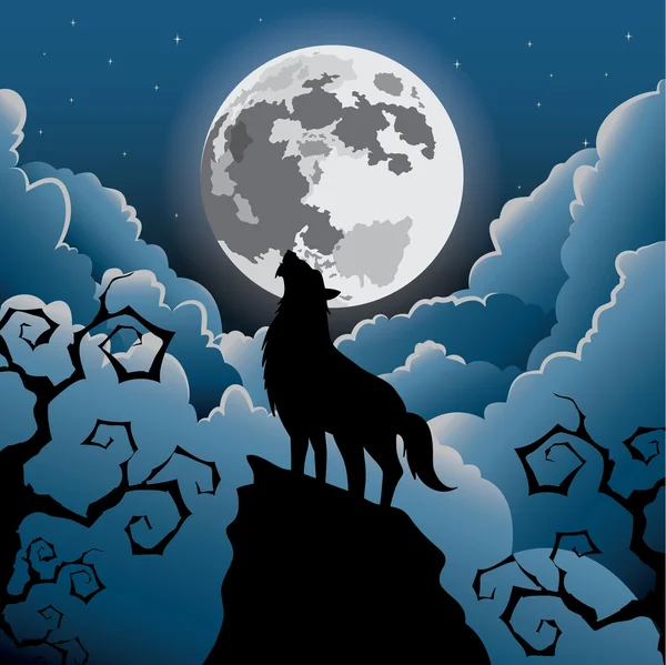 Silhouette Wolf ulula alla luna — Vettoriale Stock