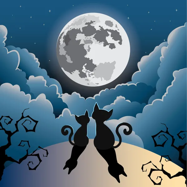 Silueta de dos gatito lindo gato bajo la luna llena — Archivo Imágenes Vectoriales