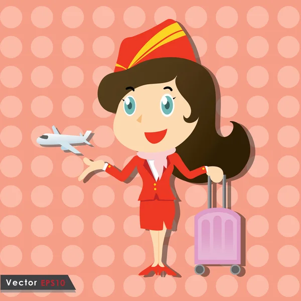 Красивая стюардесса в красной форме и маленьком самолете — стоковый вектор