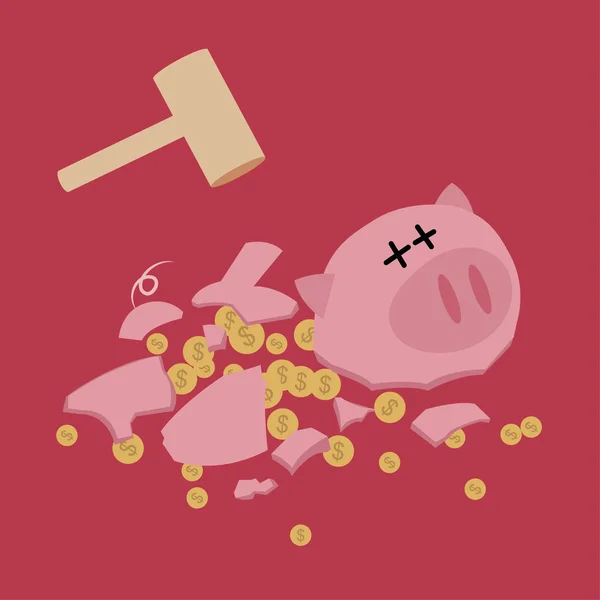 Banco Piggy partido com martelo. a poupar dinheiro. Vetor . — Vetor de Stock