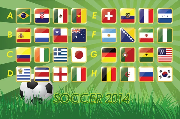Флаги сборной страны по футболу 2014 на травяном фоне и векторная иллюстрация футбольного мяча 32 страны — стоковый вектор