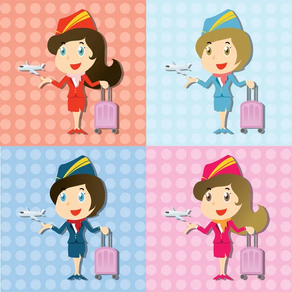 Set of Beautiful stewardess with uniform and little airplane — Stock Vector