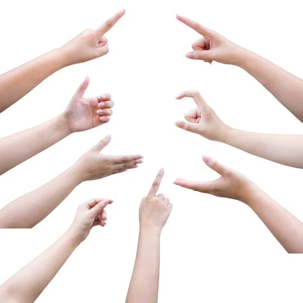 Geïsoleerde vrouwelijke hand aanraken of wijst naar iets met uitknippad — Stockfoto