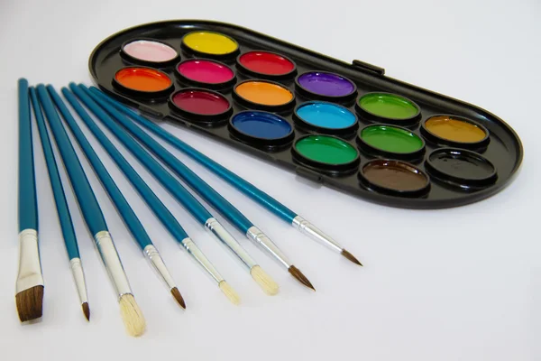 Water color colors of sixteen flowers with a set of paintbrushes — Stock Photo, Image
