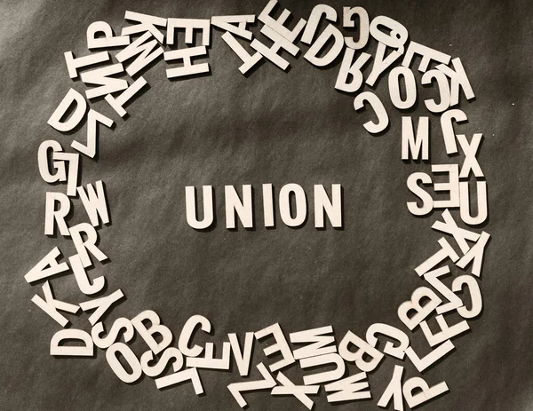Union Word Wooden Cube Letras Del Alfabeto Vista Superior Sobre — Foto de Stock