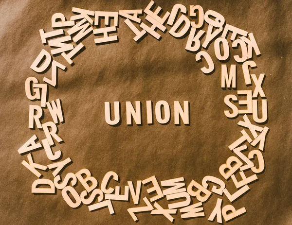 Union Word Wooden Cube Letras Del Alfabeto Vista Superior Sobre — Foto de Stock