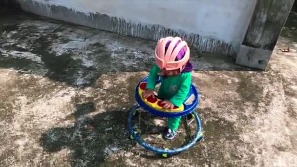 Cute Little Baby Having Fun His Baby Walker Terrace First — Stock Video