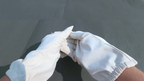 Les Mains Rapprochées Retirent Toute Sécurité Les Gants Nitrile Synthétique — Video