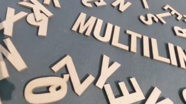 Alfabe harflerinin tahta bloklarından gelen çok dilli kelimeyle ateş edildi. Yüksek Açı Görünümü. 