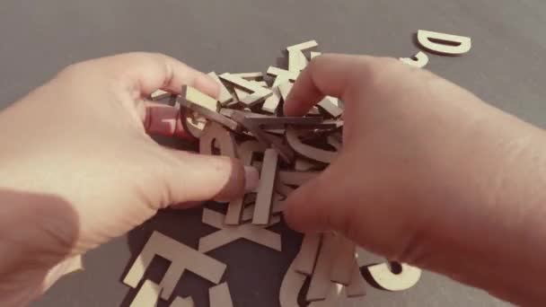 Close Hand Picking White Diy Word Wooden Letters Alphabet Art — Vídeo de stock