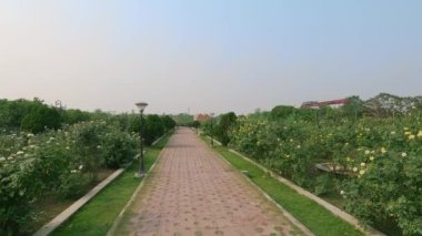 Kamu parkındaki bahçe ağaçları boyunca uzanan tuğladan patika yol. Yazın günbatımında doğal bir manzara. Eko turizm parkı Kolkata Güney Asya