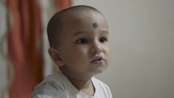 Happy Cute Baby Eating Food Head Shoulder Shot Close — Stok Video