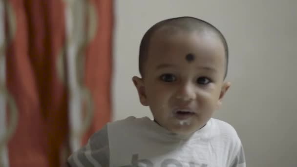 Happy Cute Baby Eating Food Head Shoulder Shot Close — Video Stock