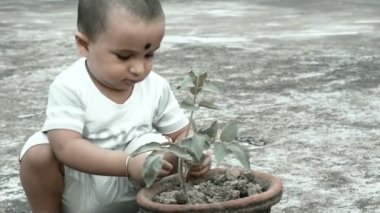 Bahçesinde çiçek küveti olan sevimli bir erkek bebek.