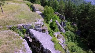 Kremenets yakınlarındaki ormandaki kayaların üzerinden uçarak