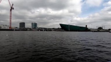 View from the sea to the building of the Nemo Museum in Amsterdam