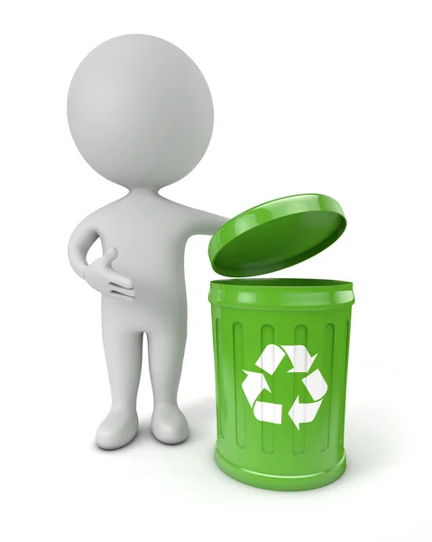 3d 可爱的人 — — 绿色回收箱 — 图库照片