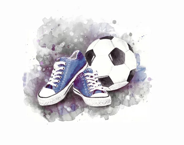 Zapatillas Deportivas Para Hombre Pelota Futbol Aislamiento Ilustración Acuarela — Foto de Stock