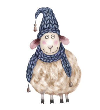 Kışlık şapkalı şirin kuzu eti. Suluboya çizimi.