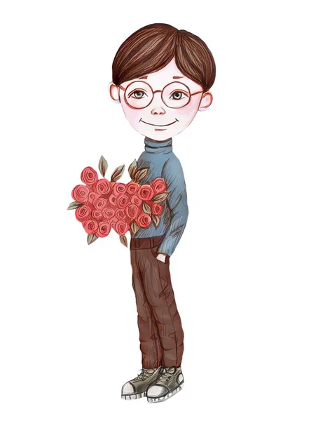 Хлопчик в окулярах, школярка тримає букет квітів — стокове фото