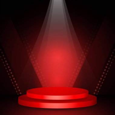 Konum ürün sunumu için kırmızı arkaplan şablonu üzerinde spot ışıklandırmalı podyum sahne modellemesi.