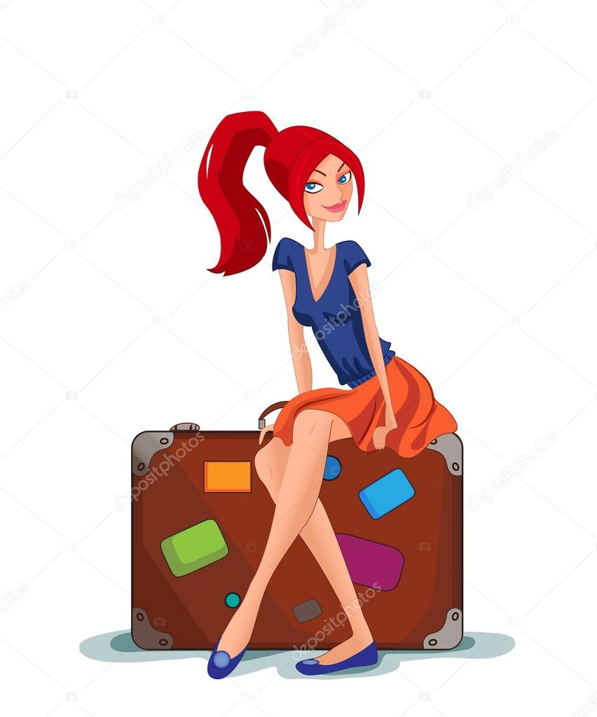Traveler girl sitting on a suitcase