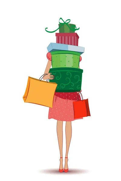 Menina de Natal com sacos de compras Vetores De Bancos De Imagens