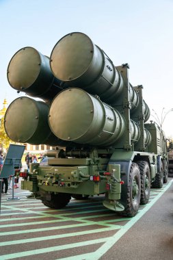 Ukrayna ordusunun savaş karşıtı füze sistemi NEPTUNE 'ye yakın çekim. Kiev 'de askeri teçhizat sergisi. Modern askeri teknoloji. Ukrayna. Kiev. 15 Ekim 2021