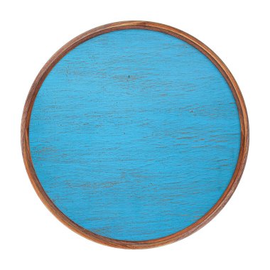 Ahşap çerçeve. Beyaz arka planda mavi boyayla boyanmış boş ahşap çerçeve. Yuvarlak çerçeve. Boş çerçeve. İmza panosu modeli. İlan tahtası.