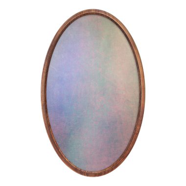 Ahşap çerçeve. Soyut dolgu dokusu beyaz arkaplanda izole edilmiş boş oval çerçeve. Yuvarlak kare. İmza panosu modeli. Eski çerçeve. İlan tahtası.